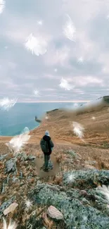 Traveler on cliff with falling feathers and sea view.