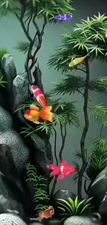 Vibrant fish swim amid lush plants in an aquarium scene.
