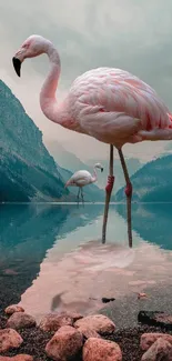 Flamingo standing by a reflective lake with mountains.