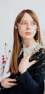 Young girl with flowers on a soft pastel background, creating a calming wallpaper.