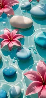 Pink flowers and stones in blue water.