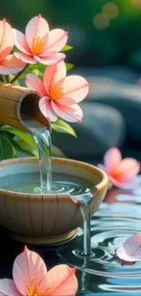 A serene mobile wallpaper with pink flowers and flowing water in a tranquil setting.
