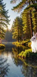 Forest animals by a peaceful lake under sunlight.