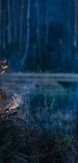 Bonfire by a serene lake in a dark forest setting.