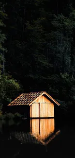 Nighttime cabin reflected on a calm lake in the middle of a dark forest.