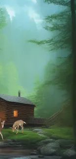 Forest cabin with grazing deer in serene, misty woodland setting.