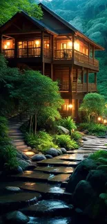 Tranquil forest cabin surrounded by lush greenery and a serene path.