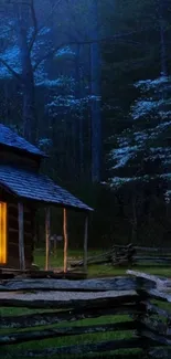 Rustic cabin nestled in a tranquil forest at dusk, with glowing light inside.