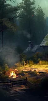 Cozy cabin in tranquil forest setting with campfire.