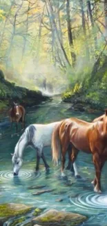 Horses drink from a serene forest stream.