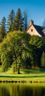 Serene forest scene with house and lake.