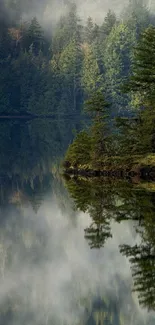 Serene forest island reflected on a tranquil lake with misty, green surroundings.