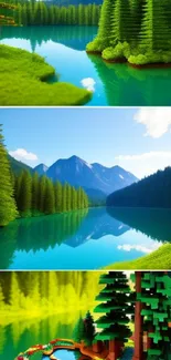 Serene green forest lake and mountains wallpaper.