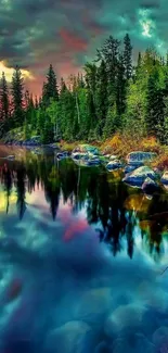 Serene forest lake with colorful sunset reflections.