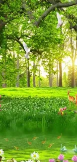 A serene forest landscape with a green meadow and vibrant flowers.