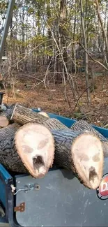 Logs loaded on a trailer in a serene forest setting with fall foliage.