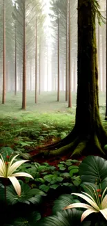 Serene forest scene with lush trees and greenery