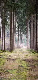 Forest path lined with tall trees, perfect for nature lovers.