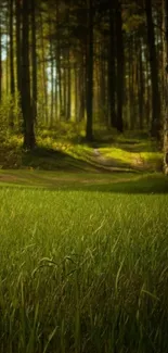 A peaceful forest path with lush green grass and towering trees.