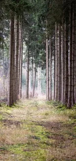 Tranquil forest path with tall trees and greenery.