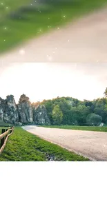 Serene forest path with rocks and trees in lush green landscape.