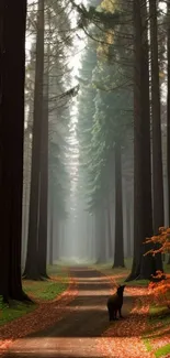 Misty forest pathway with dog in autumn scene.