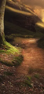 Tranquil forest path with sunlight on a mobile wallpaper.