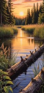 Tranquil sunset over forest river with reflections.