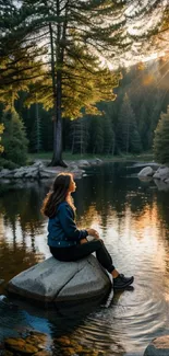 Woman sitting on rock by a tranquil forest river at sunset.