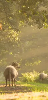 Sheep grazing under sunlit trees in a tranquil forest setting.