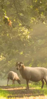 Sheep grazing peacefully in a sunlit forest scene.