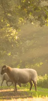 Sheep in a serene, sunlit forest scene.