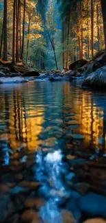 Serene forest stream reflecting golden trees in tranquil setting.