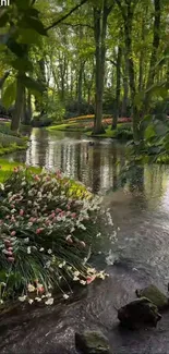 Serene forest stream with flowers and greenery.