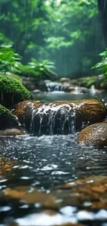 Tranquil forest stream with lush greenery and flowing water.