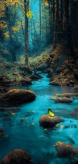 Serene forest stream with turquoise water flowing through autumn foliage.