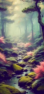 Serene forest stream with vibrant foliage wallpaper.