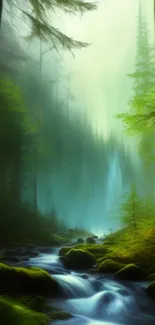 Serene forest stream with misty green hues in tranquil setting.