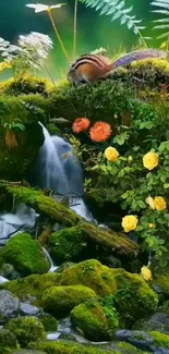 Forest stream wallpaper with waterfall, flowers, and green moss.