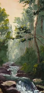 Tranquil forest stream with lush greenery, perfect for calming ambiance.