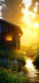 A tranquil forest scene with a cabin by a stream and a golden sunrise.