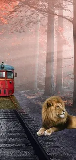 Red train and lion in autumn forest scene.