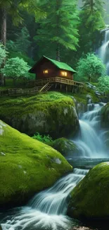 Serene cabin by a lush forest waterfall with vibrant greenery.