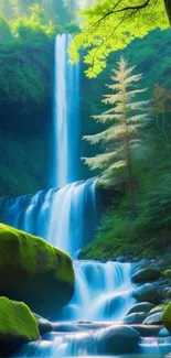 Vibrant forest waterfall mobile wallpaper.