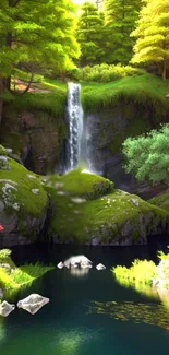 Serene forest waterfall with lush greenery on a vibrant mobile wallpaper.