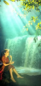 A woman in a forest beside a waterfall under soft sunlight.