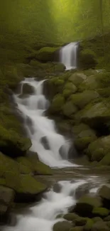 Serene waterfall flowing through a lush green forest