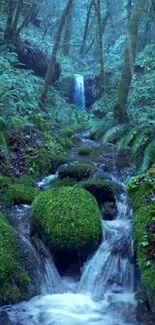 Peaceful forest waterfall scene with lush green foliage and flowing water.