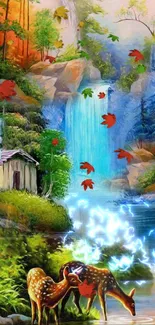 Vibrant waterfall in a lush forest with deer and a serene lake.