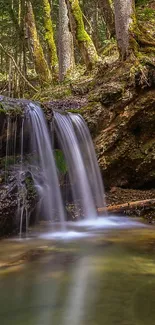 Serene waterfall flowing in a lush, green forest setting mobile wallpaper.